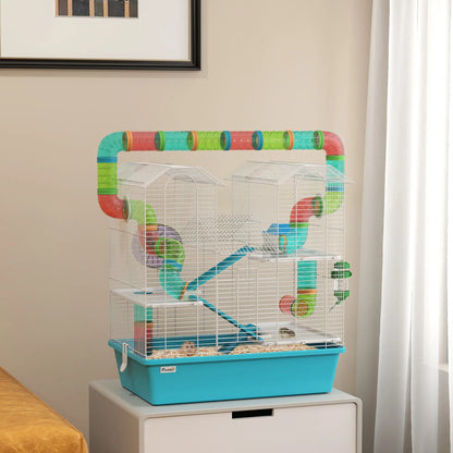 PawHut 4 Tier Hamster Cage w/ Tubes, Exercise Wheel, Hut, Water Bottle, Ramps for Dwarf Hamster, Light Blue