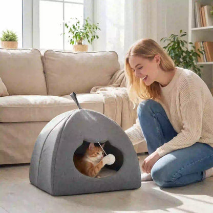 PawHut Cat Cave Bed for Indoor Kittens, Cat House with Removable Cushion and Teaser Ball, Kitty Igloo, Grey
