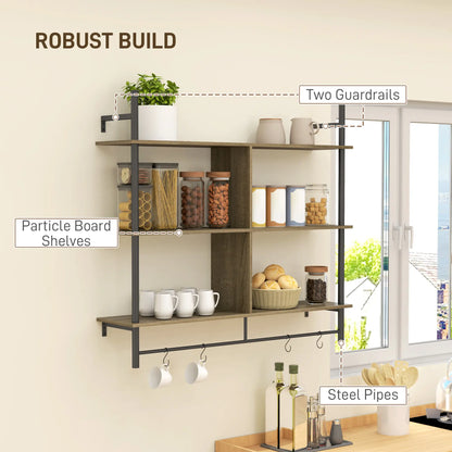 HOMCOM Three-Tier Floating Shelf Wall Mount Home Furniture - Grey Wood Effect