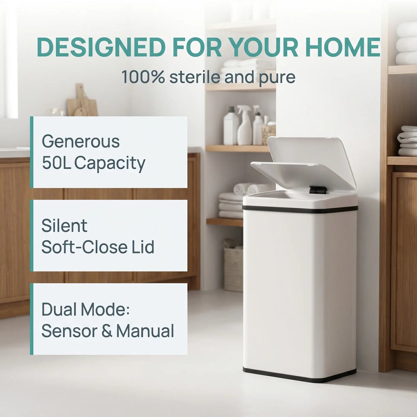 HOMCOM 50L Motion Sensor Kitchen Bin with Soft-Close Lid, Stainless Steel Automatic Touchless Bin, White