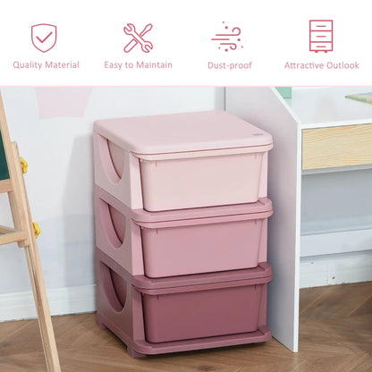 HOMCOM 3 Drawers Plastic Kids Storage Units, 3 Tier Children Toy Chest for Nursery, Playroom, Pink