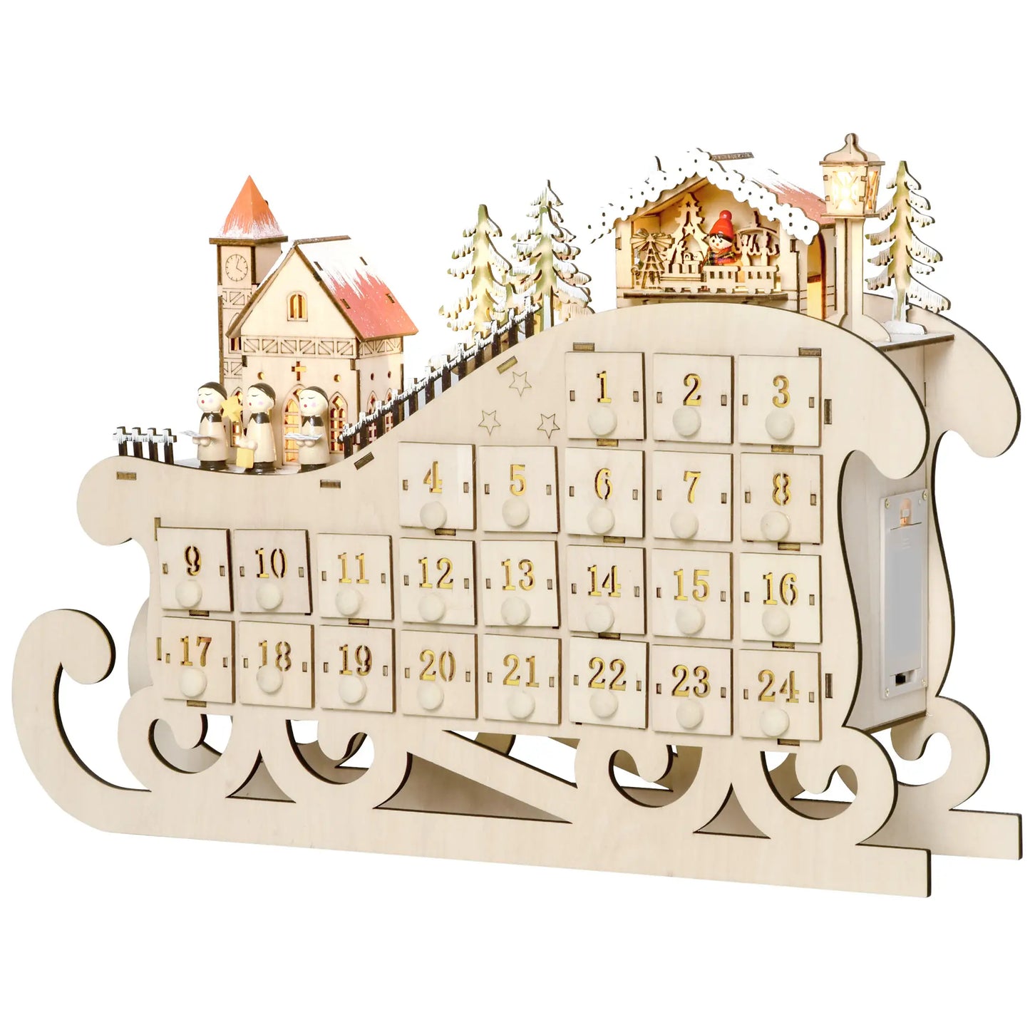 HOMCOM Christmas Advent Calendar, 2021 Light Up Table Xmas Wooden Sleigh Holiday Decoration with Countdown Drawer, Natural Wood Color