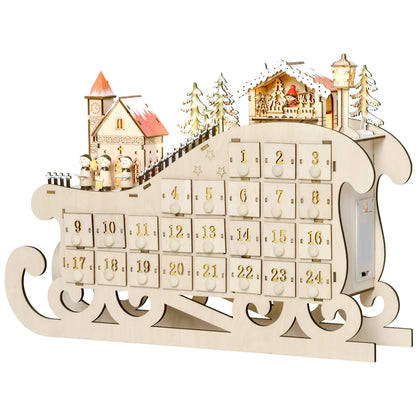 HOMCOM Christmas Advent Calendar, 2021 Light Up Table Xmas Wooden Sleigh Holiday Decoration with Countdown Drawer, Natural Wood Color