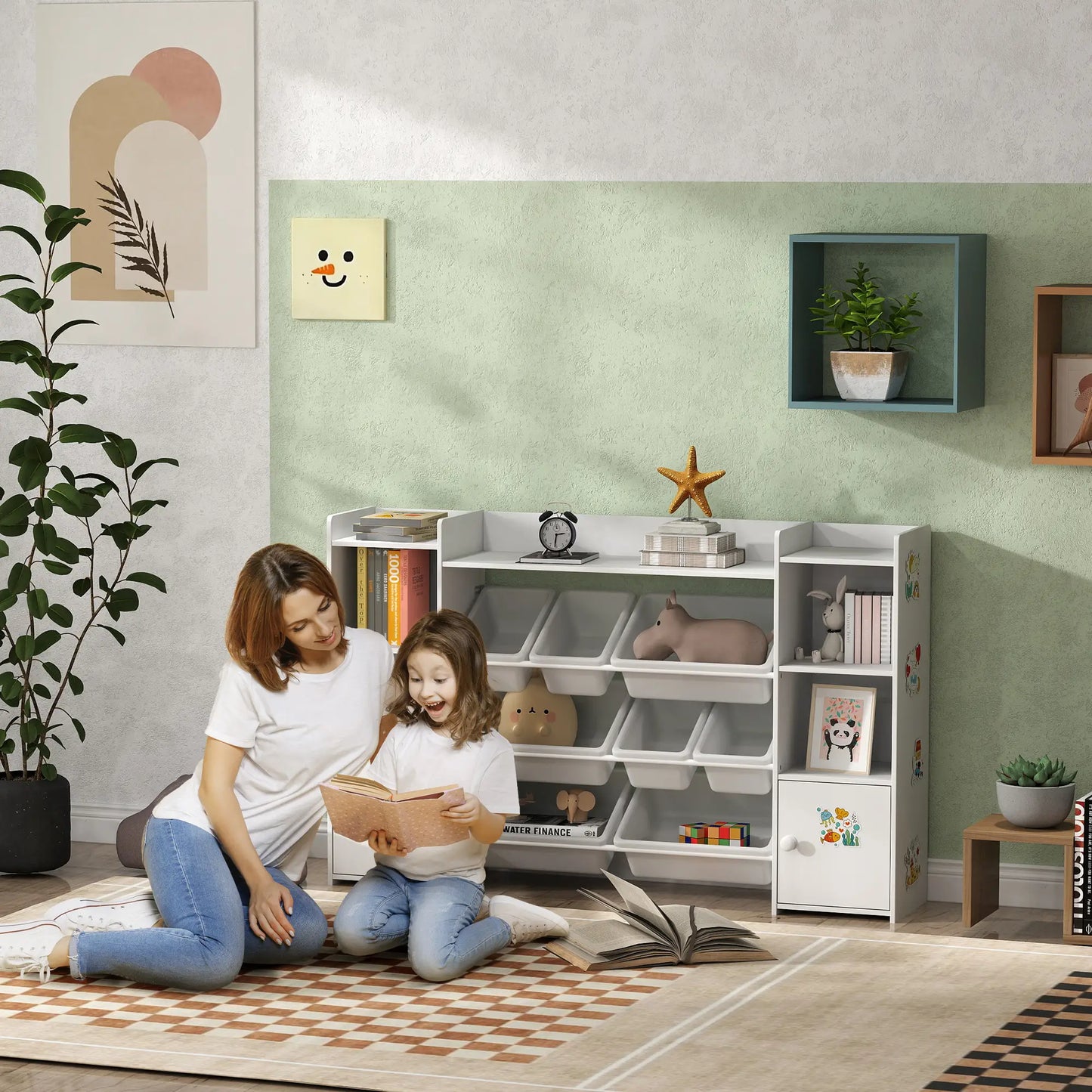 AIYAPLAY Kids Toy Organizers with 8 Removable Storage Bins and Bookshelf, White