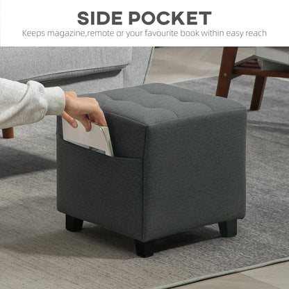 HOMCOM Square Footstool, Small Ottoman with Side Pocket, Linen Fabric Footrest Foot Stool with Rubber Wood Legs for Living Room, Bedroom