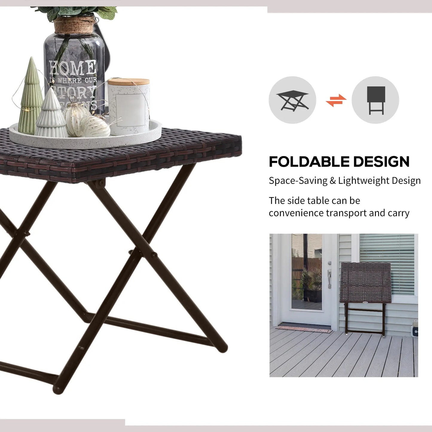 Outsunny Folding Rattan Garden Coffee Table, Small Square Outdoor Bistro Side Table for Patio, Balcony, Porch, Brown