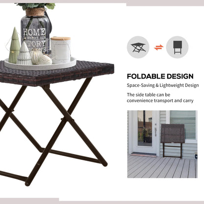 Outsunny Folding Rattan Garden Coffee Table, Small Square Outdoor Bistro Side Table for Patio, Balcony, Porch, Brown