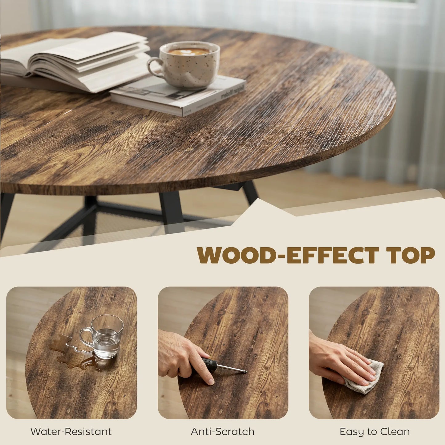 HOMCOM Dining Table for 4 People, Round Industrial Kitchen Table with Storage Shelf, Rustic Brown