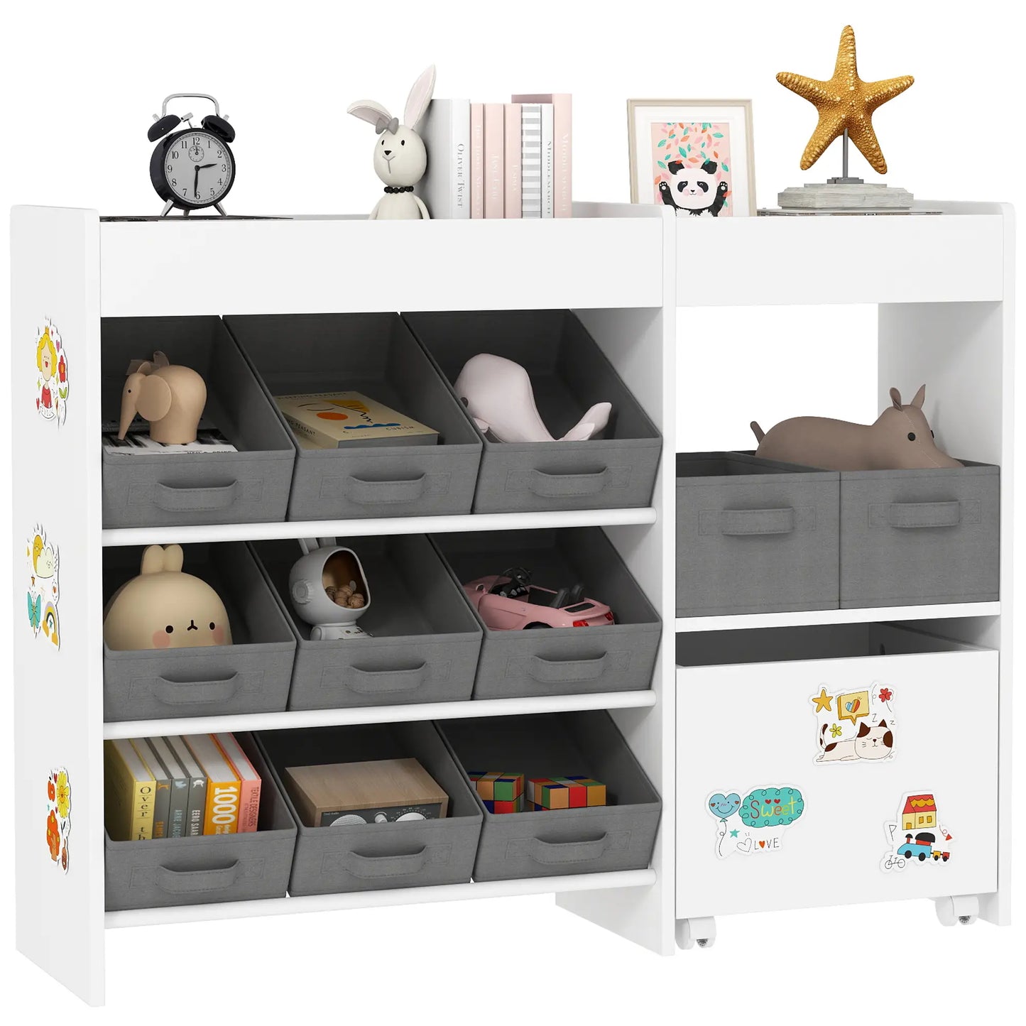 AIYAPLAY Kids Toy Storage Unit with 11 Bins, Cabinet, Top Shelves, 3 Stickers for Nursery, Playroom, White