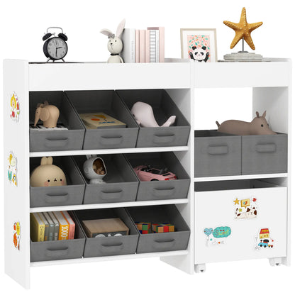 AIYAPLAY Kids Toy Storage Unit with 11 Bins, Cabinet, Top Shelves, 3 Stickers for Nursery, Playroom, White