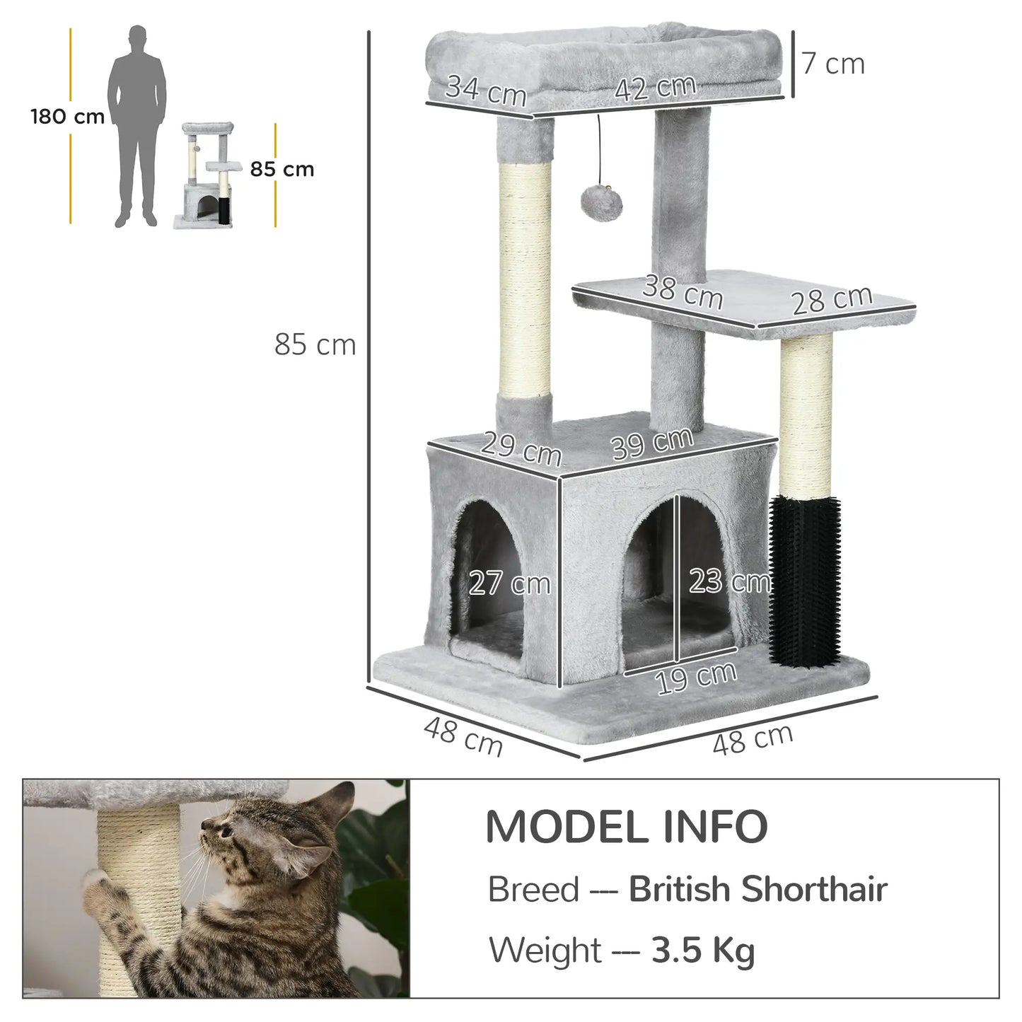 PawHut Cat Tree for Indoor Cats Climbing Tower Kitten Scratch Post Activity Center Kitten with Massage Toy Hanging Ball