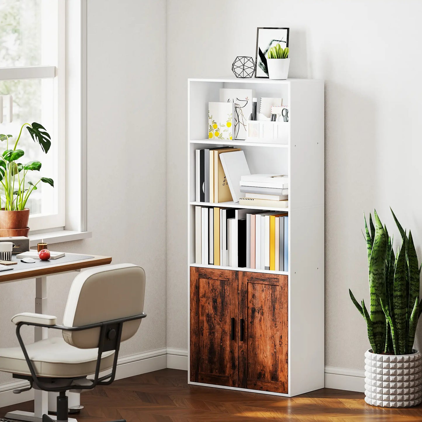 HOMCOM 5-Tier Bookcase with Adjustable Storage Shelf - Rustic Brown