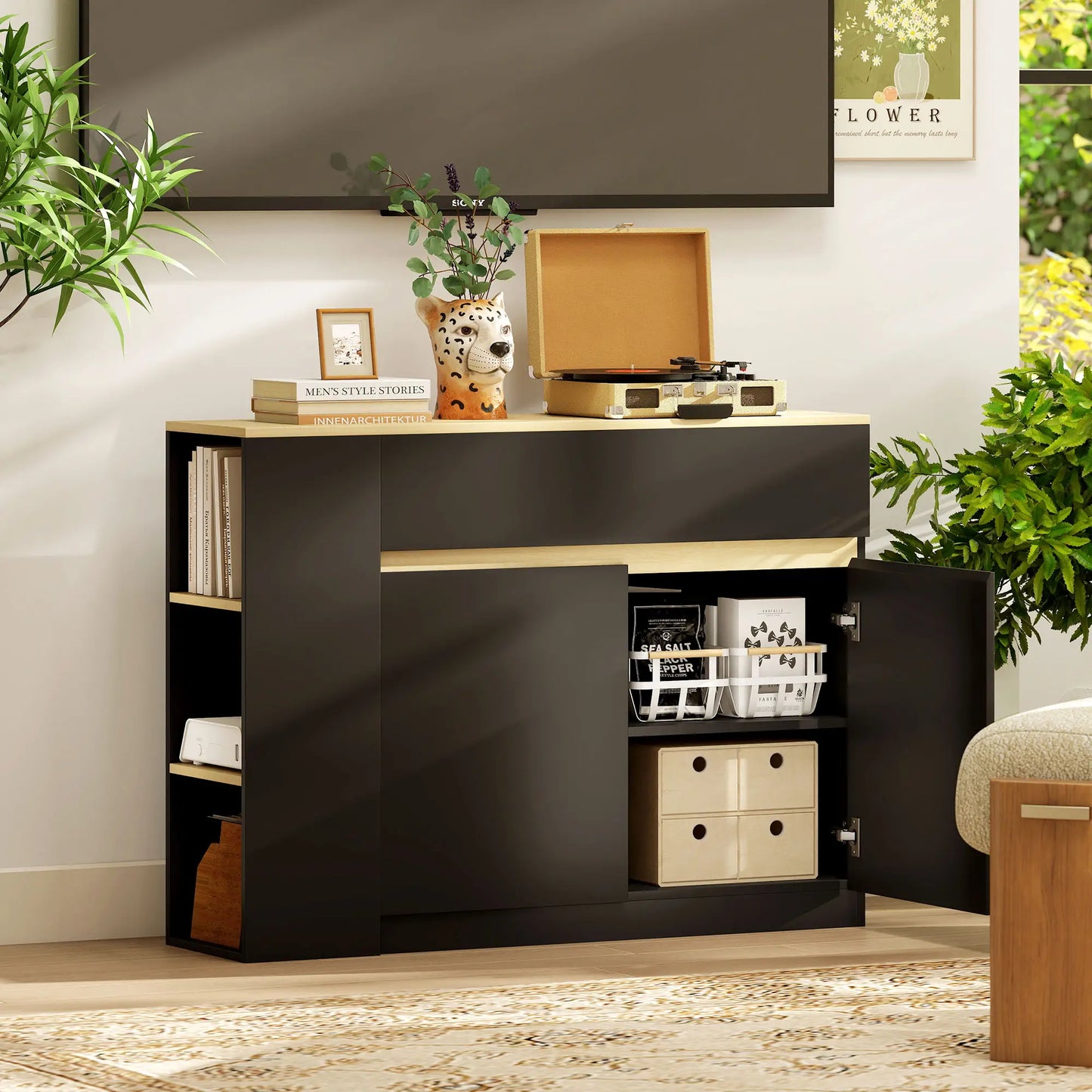 HOMCOM Sideboard, Storage Cabinet with Adjustable Shelf, 2 Drawers, 3 Open Shelves, Black