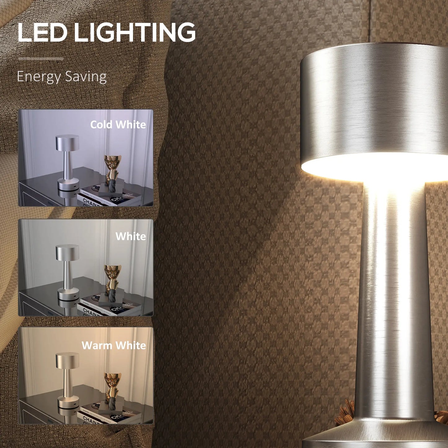 HOMCOM Cordless Table Lamp, Touch LED Desk Lamp with Rechargeable Battery, 3 Colour - Silver