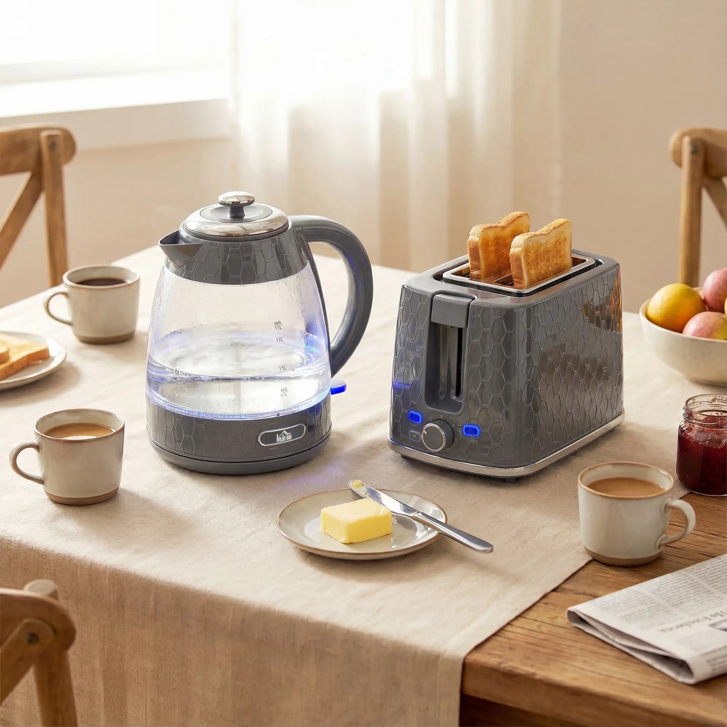 HOMCOM Kettle & Toaster Set, 1.7L 3000W Rapid Kettle, 2 Slice Toaster with 7 Browning Controls, Grey