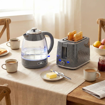 HOMCOM Kettle & Toaster Set, 1.7L 3000W Rapid Kettle, 2 Slice Toaster with 7 Browning Controls, Grey