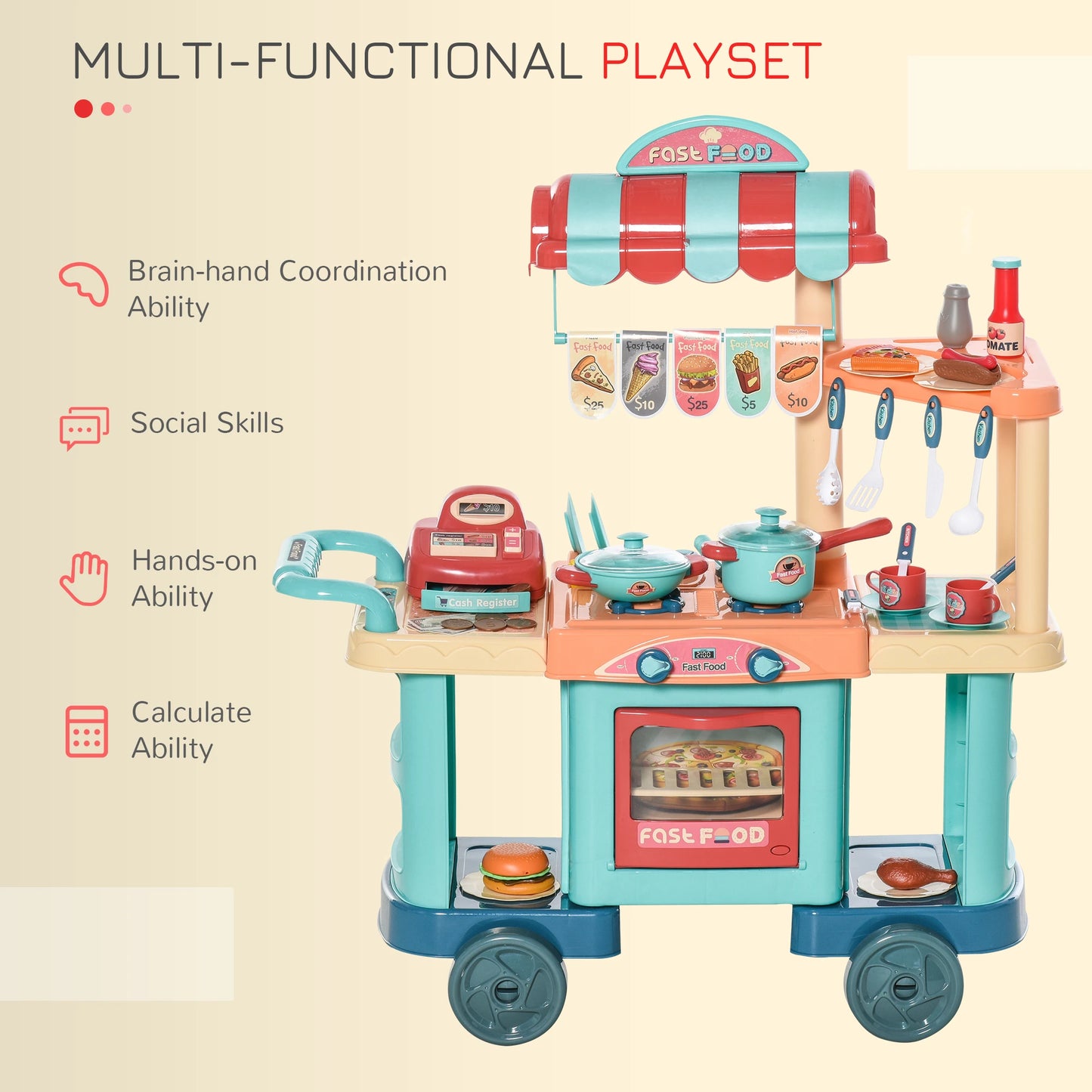 50 Pcs Kids Kitchen Play Set Fast Food Trolley Cart Pretend Playset Toys with Play Food Accessories Gift for Boys Girls Age 3-6