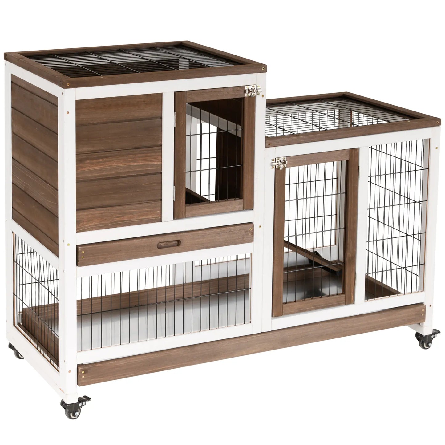 PawHut Two-Tier Rabbit Hutch Pet Cage, with Wheels, Fir Wood Structure - Brown