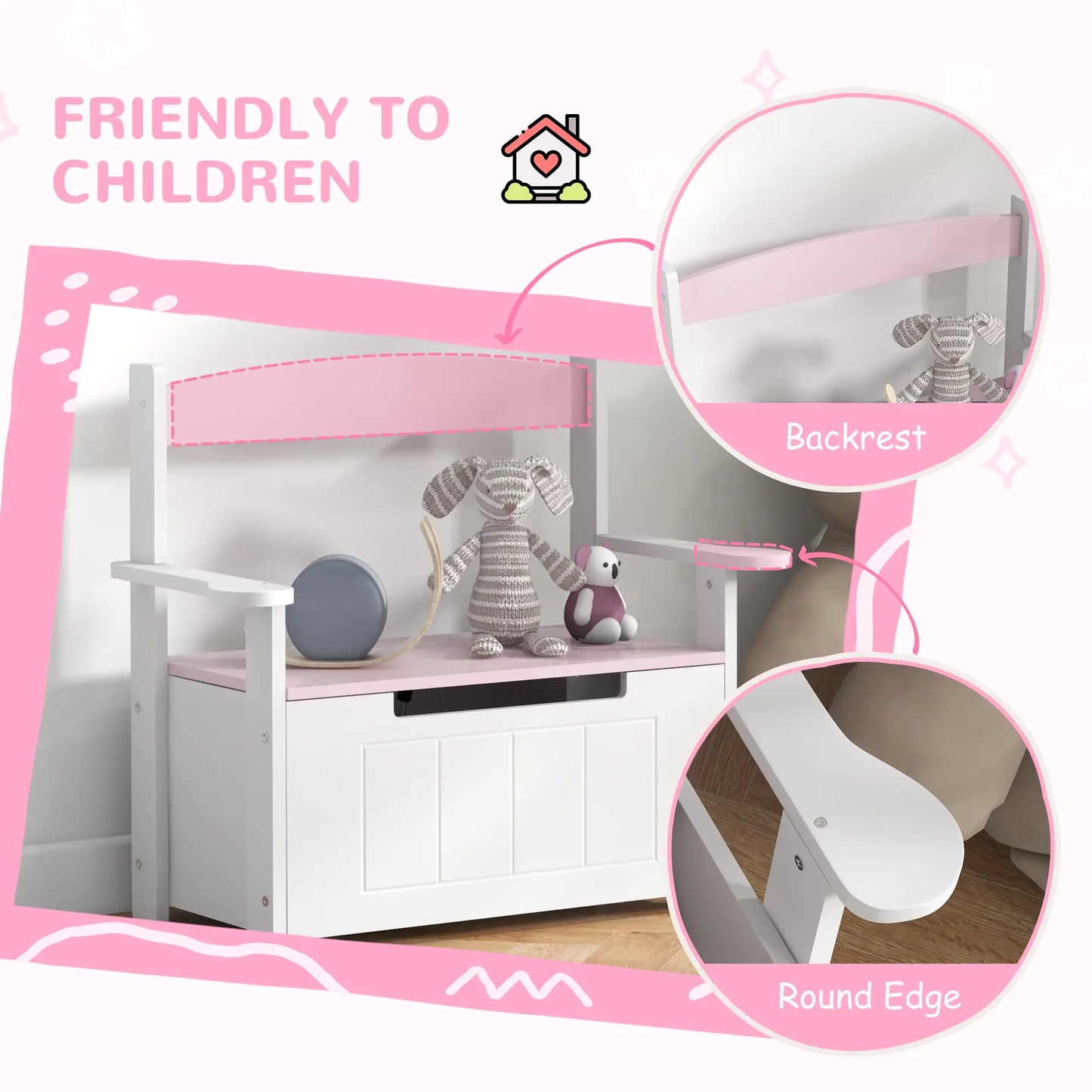 AIYAPLAY 2-in-1 Toy Box Bench for Kids Storage with Lid for Bedroom, Nursery, Playroom, Pink
