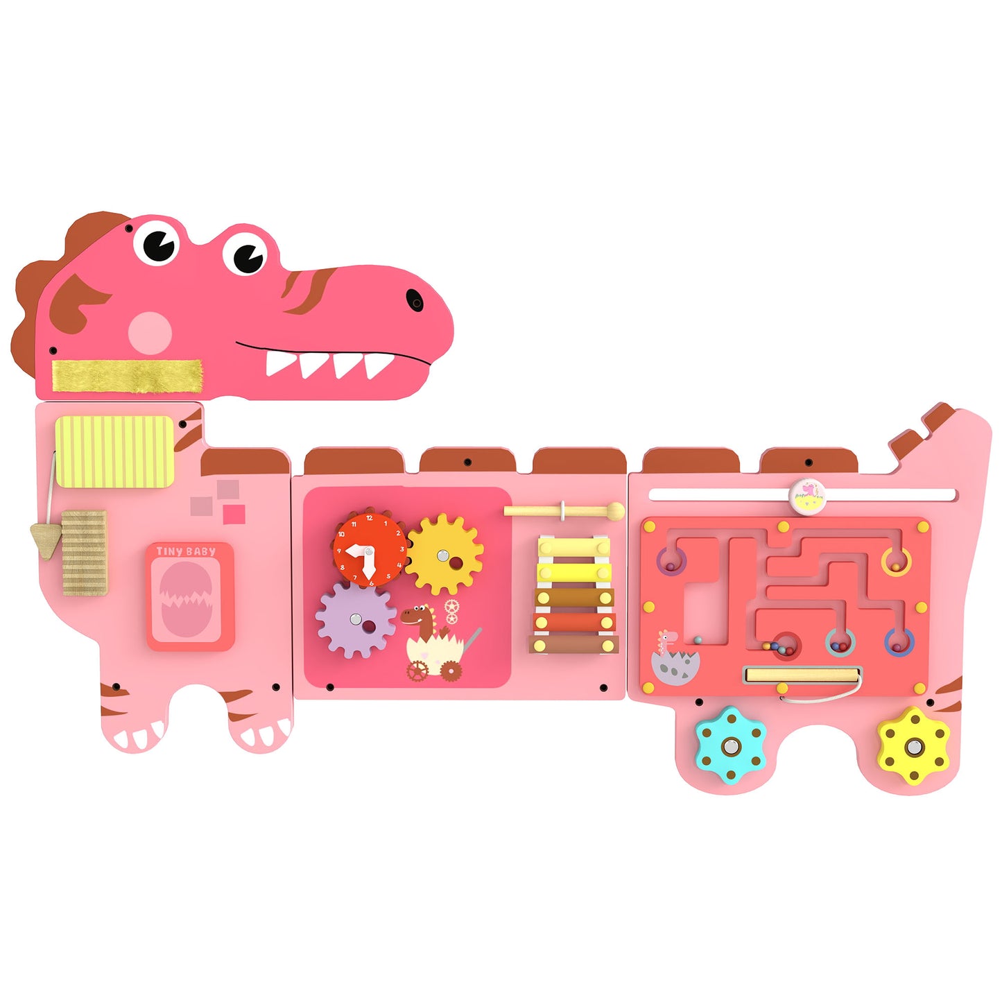 AIYAPLAY Busy Board Panels, Wall Mounted Montessori Inspired, Toddler Learning Centre Dinosaur Theme, Pink