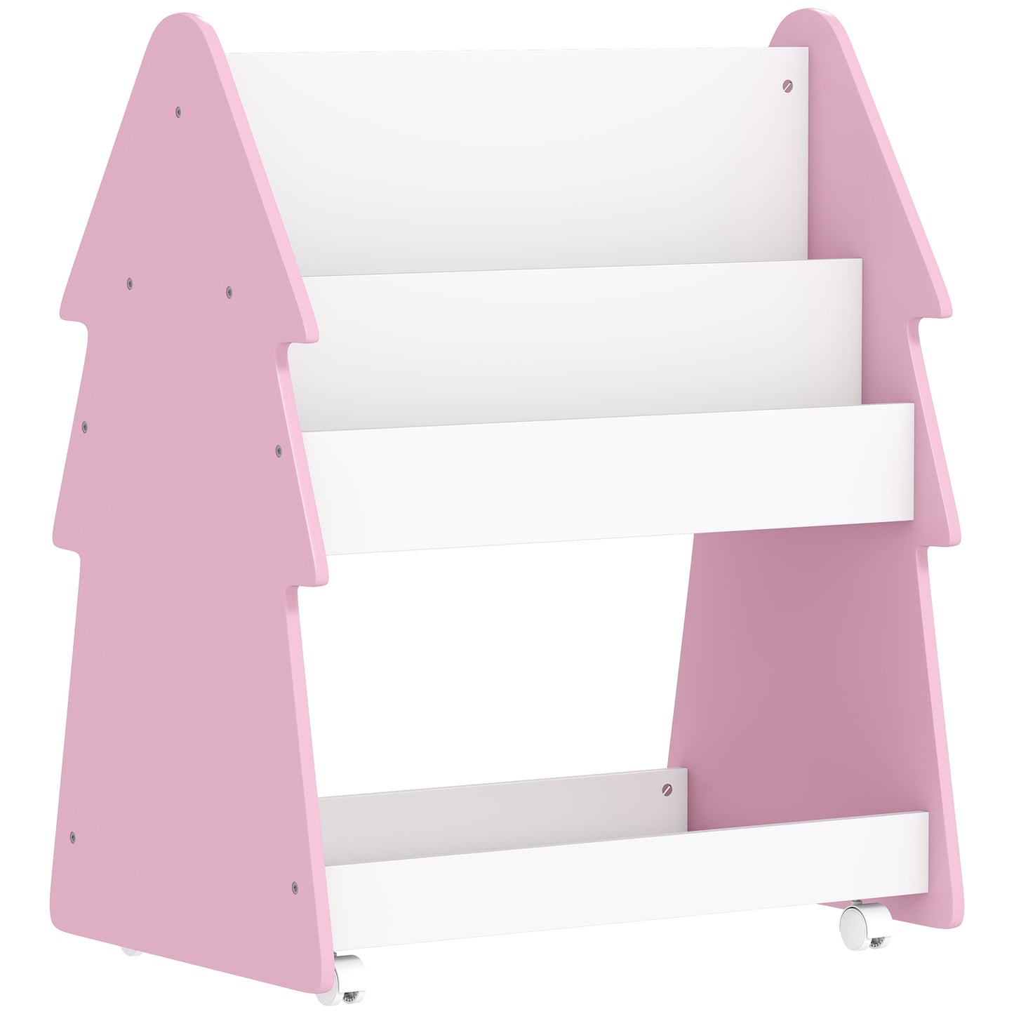 AIYAPLAY Kids Bookshelf with Toy Storage & Wheels, Double-Sided Bookcase, 3 Tier Book Rack for Bedroom, Pink