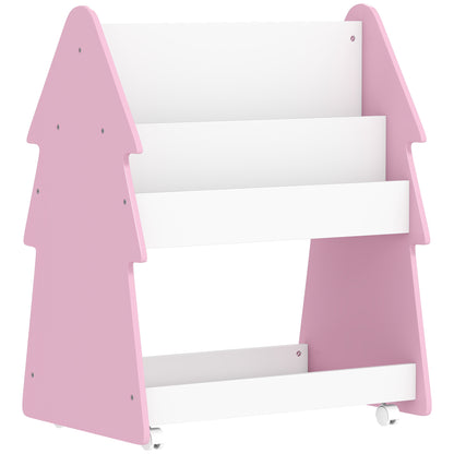 AIYAPLAY Kids Bookshelf with Toy Storage & Wheels, Double-Sided Bookcase, 3 Tier Book Rack for Bedroom, Pink