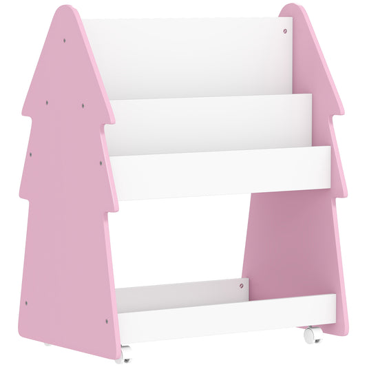 AIYAPLAY Kids Bookshelf with Toy Storage & Wheels, Double-Sided Bookcase, 3 Tier Book Rack for Bedroom, Pink