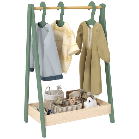 AIYAPLAY Kids Clothes Rail with 3 Hangers, Bottom Storage Shelf for Girls, Boys, Nursery, Bedroom, Green