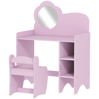 AIYAPLAY Kids Dressing Table with Mirror, Stool, Kids Vanity Table with Shelves for Ages 3-8 Years, Pink