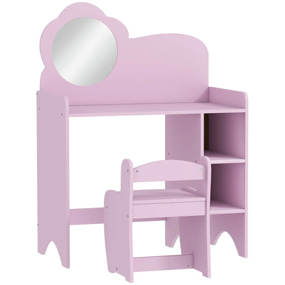AIYAPLAY Kids Dressing Table with Mirror, Stool, Kids Vanity Table with Shelves for Ages 3-8 Years, Pink