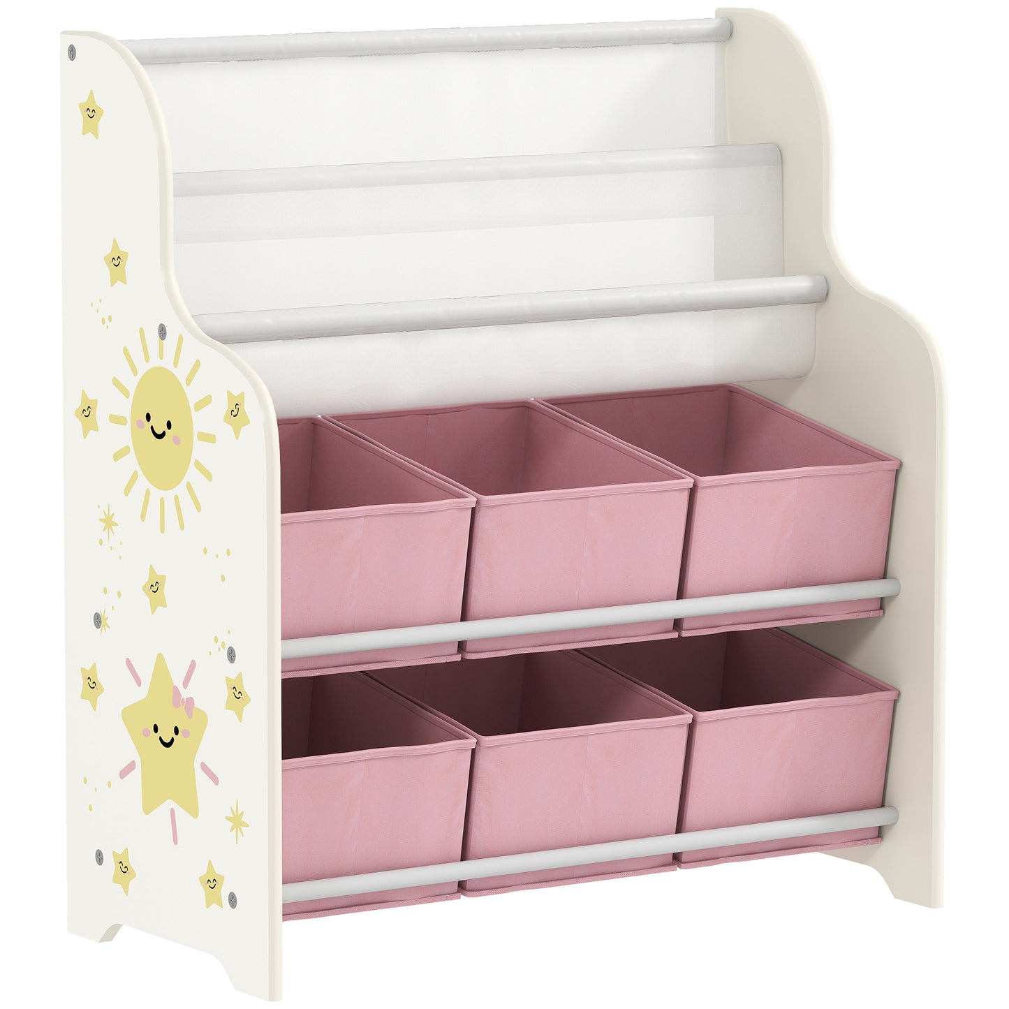 AIYAPLAY Kids Storage Unit, Toy Organiser with 6 Fabric Drawers and 2-Tier Sling Book Rack for Bedroom, Playroom, Pink
