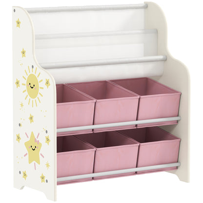 AIYAPLAY Kids Storage Unit, Toy Organiser with 6 Fabric Drawers and 2-Tier Sling Book Rack for Bedroom, Playroom, Pink