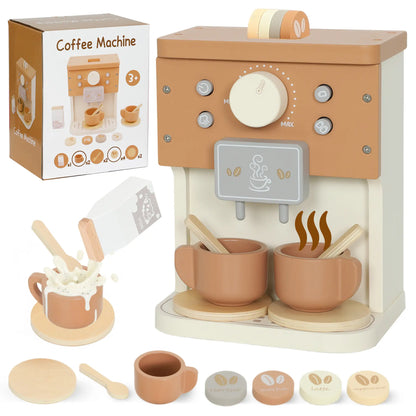 AIYAPLAY Kids Wooden Coffee Machine Toy, Pretend Play Kitchen Accessories Gift for Ages 3+