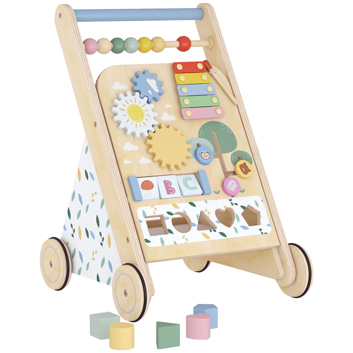 AIYAPLAY Wooden Baby Walker, Toddler Push Along Walker with Speed Control, Activity Centre for 18 Months+