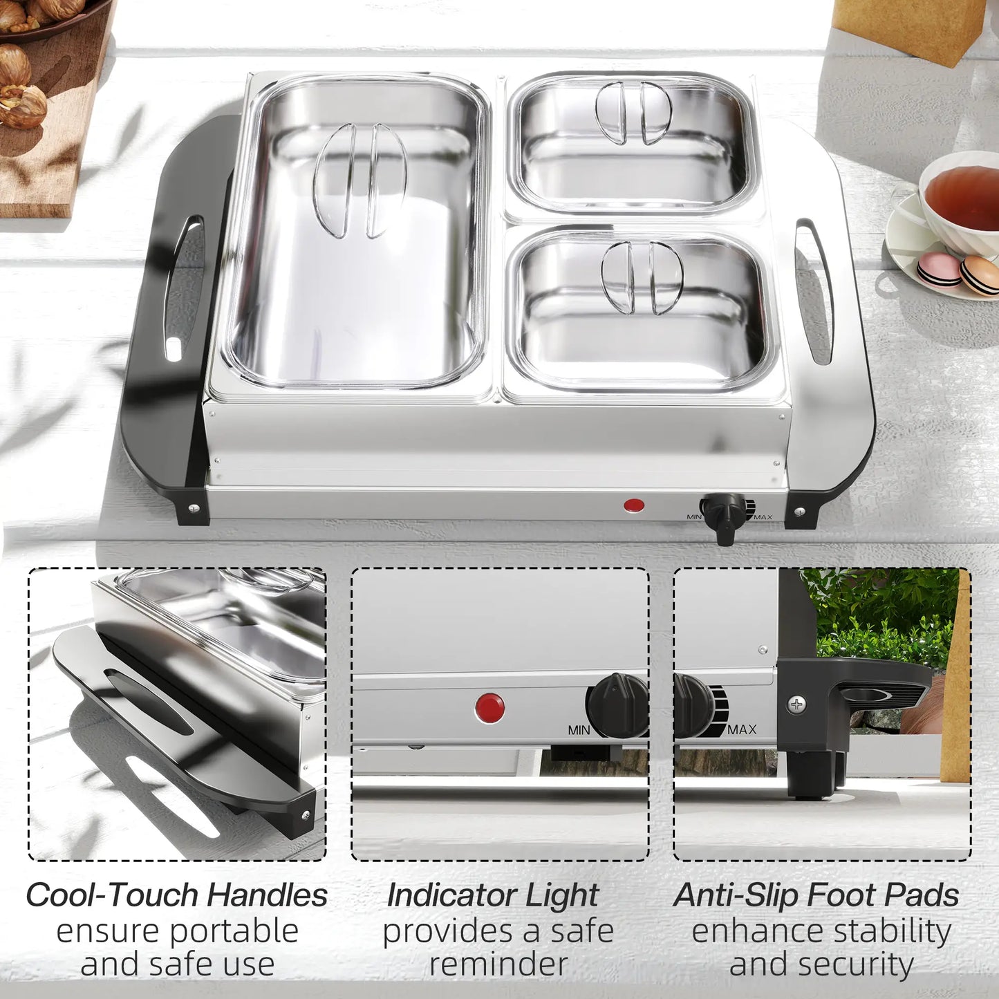 HOMCOM 4.5L Stainless Steel Electric Buffet Server with 3x Trays and Lids, Set of 2