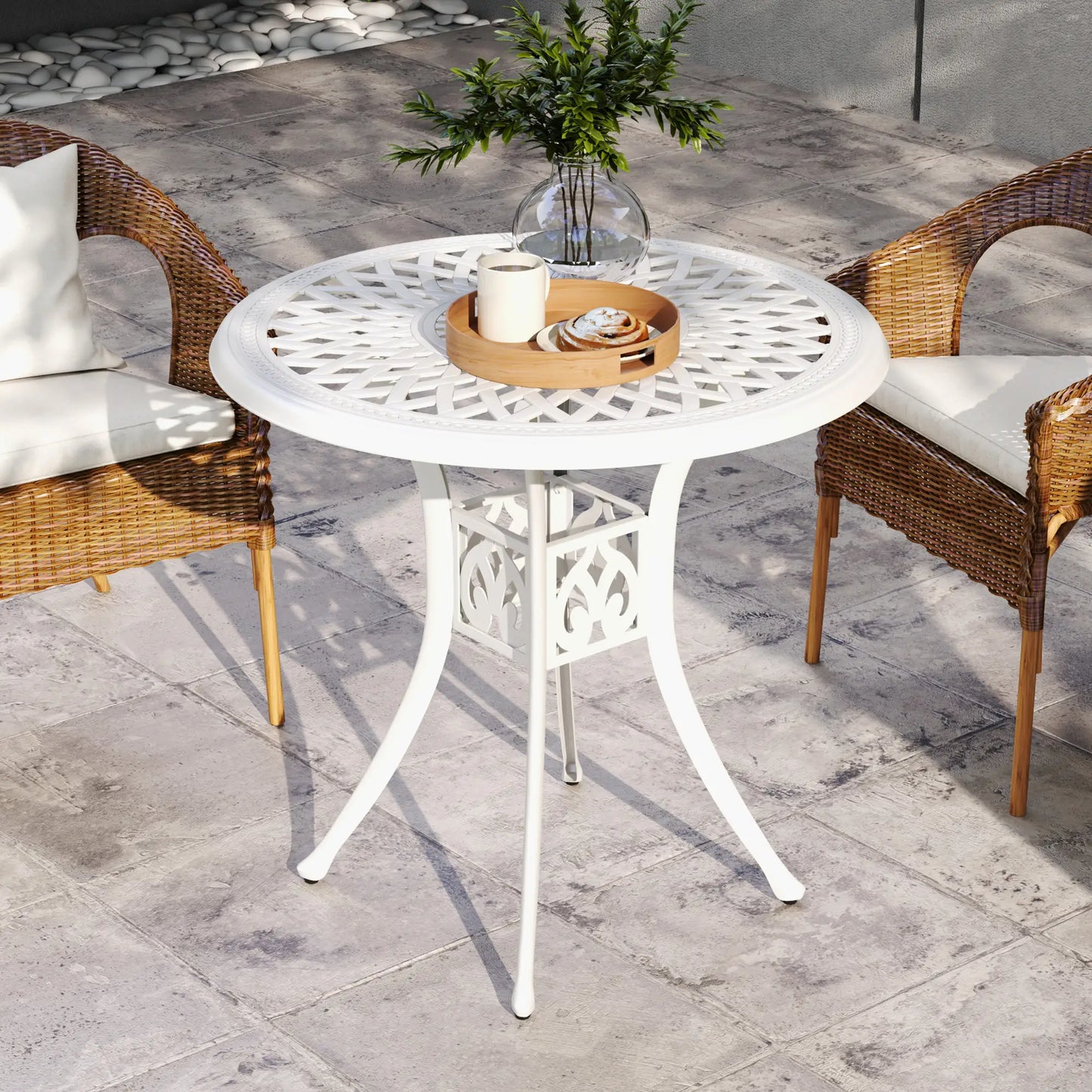 Outsunny Round Garden Dining Table with Parasol Hole Antique Cast Aluminium Outdoor Table Only, White