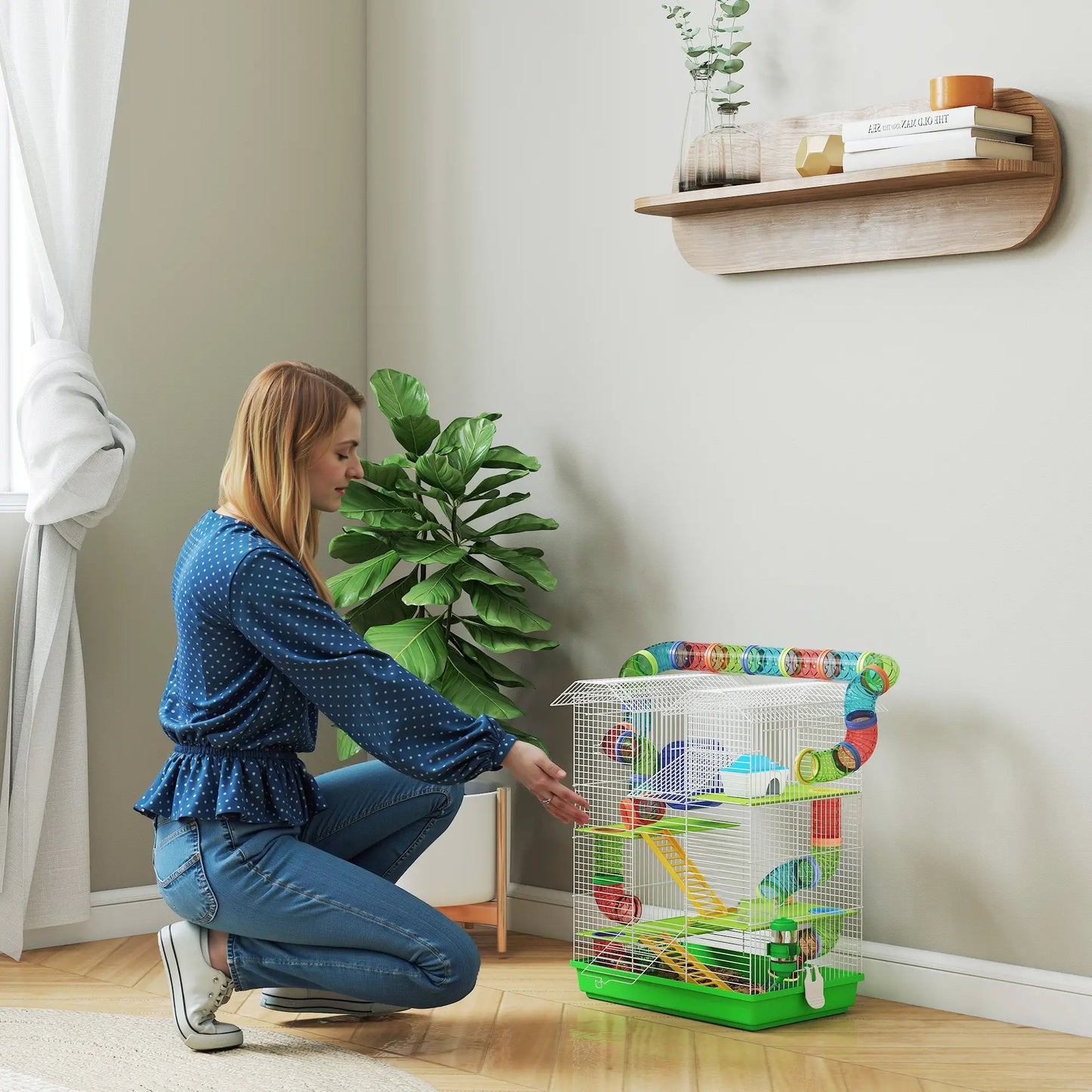 PawHut Hamster Cage, 5 Tier Carrier Habitat with Exercise Wheels Tunnel Tube, Gerbil Cage for Dwarf Mice, Green