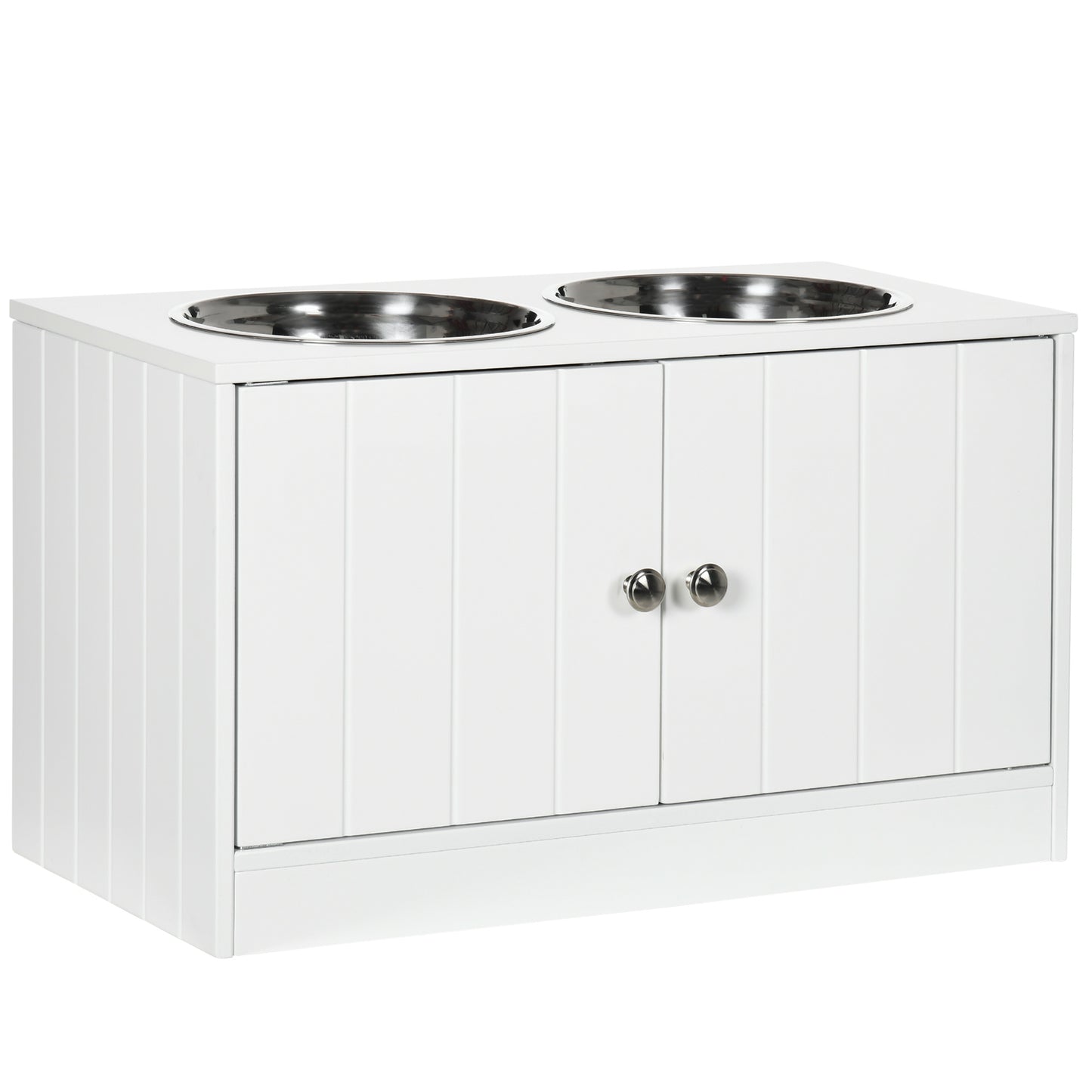 PawHut Raised Dog, Pet Feeder with Two Bowls, Storage - White