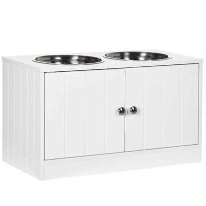 PawHut Raised Dog, Pet Feeder with Two Bowls, Storage - White