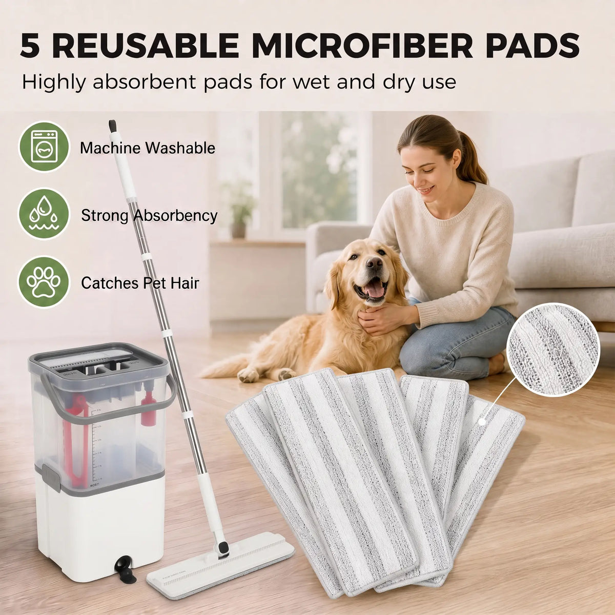 HOMCOM Compact Flat Mop and Bucket Set 2-Chamber Design with Wringer, White
