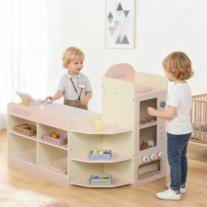 AIYAPLAY Kids Grocery Store, Children Supermarket Playset with Cash Register, Display Shelves
