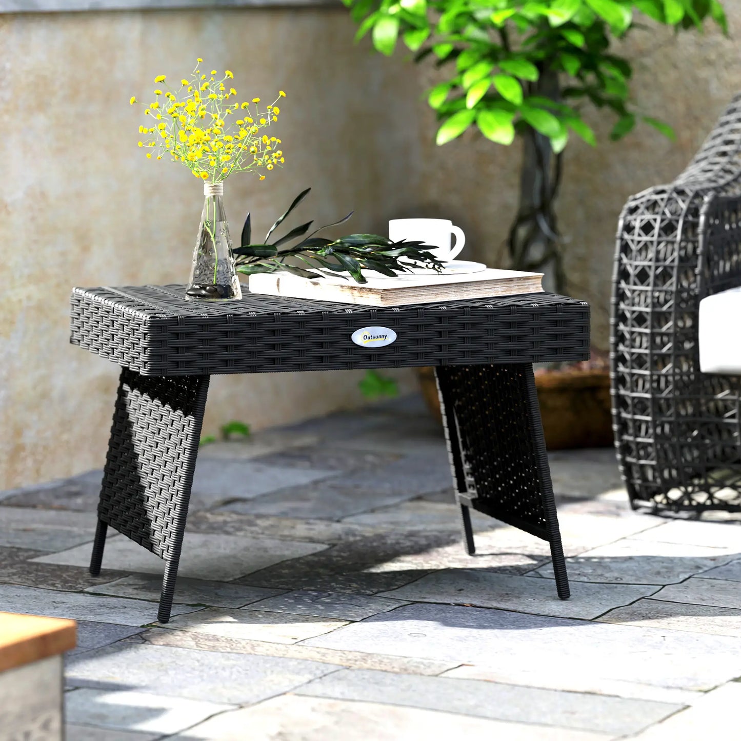 Outsunny Foldable Outdoor Side Table, Bistro Garden Rattan Coffee Table with Steel Frame, Black
