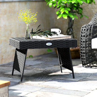 Outsunny Foldable Outdoor Side Table, Bistro Garden Rattan Coffee Table with Steel Frame, Black