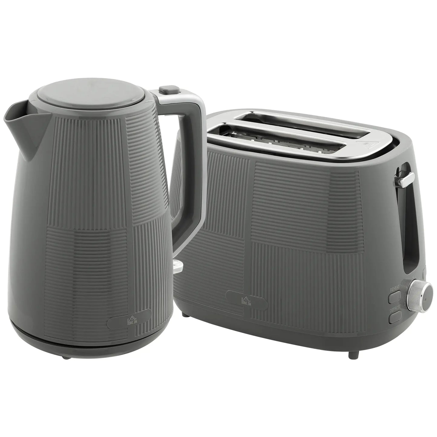 HOMCOM Fast Boil Kettle and 2 Slice Toaster Kitchen Set, 1.7L 3000W with 7 Level Browning Controls, Grey
