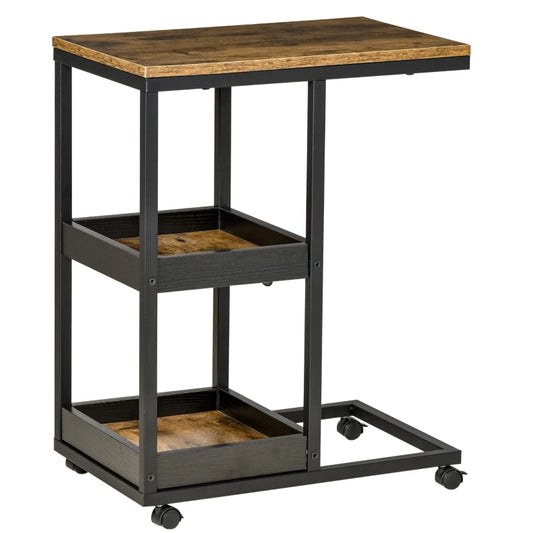 HOMCOM Industrial Mobile Sofa Side Table C-Shaped Rolling Couch Table with 3-Tier Storage Shelving Four Lockable Wheels - Brown