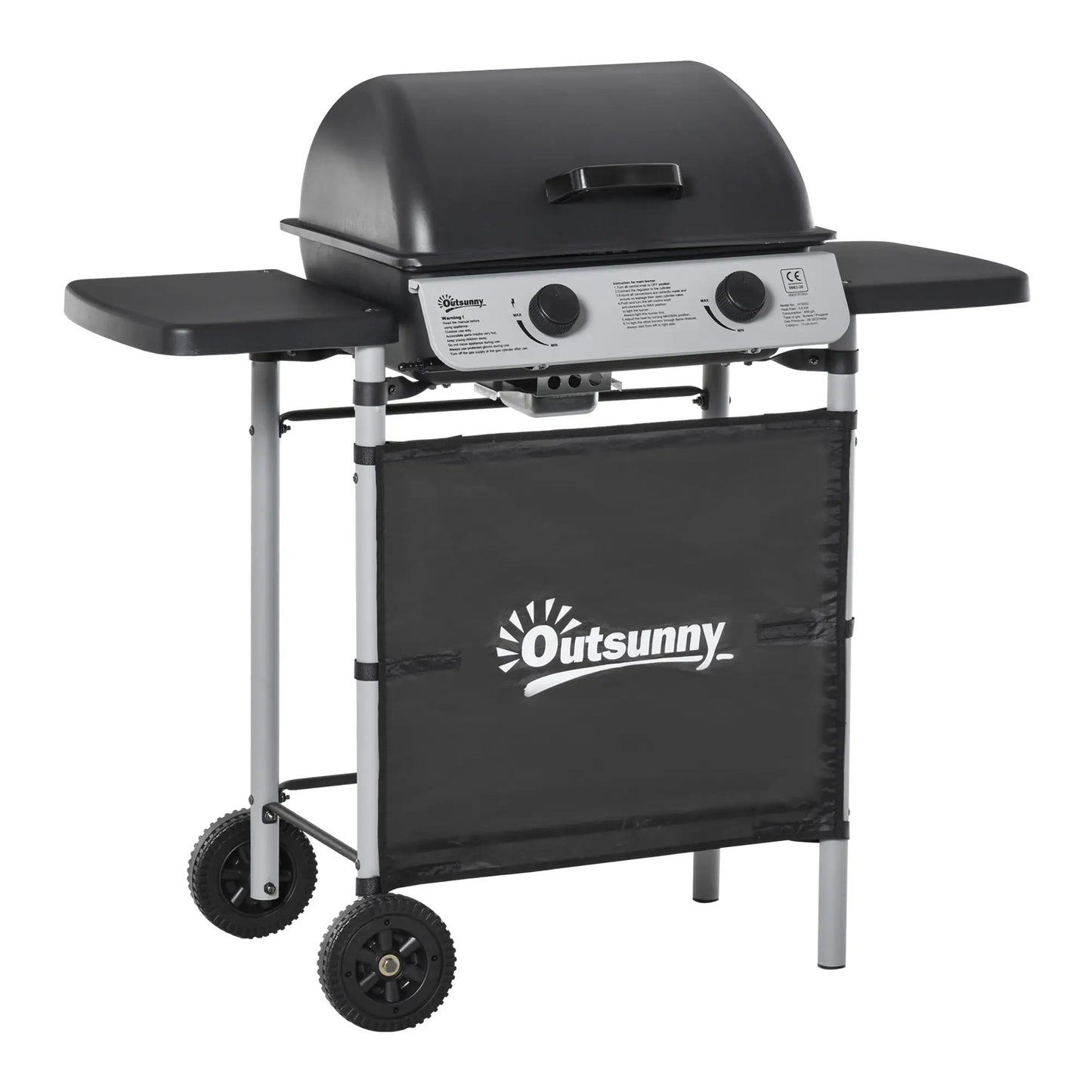 Outsunny 2 Burner Gas BBQ Trolley with Lid, 5.6 kW Gas Barbecue Grill with Wheels, Side Shelves, Black