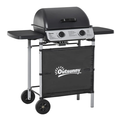 Outsunny 2 Burner Gas BBQ Trolley with Lid, 5.6 kW Gas Barbecue Grill with Wheels, Side Shelves, Black