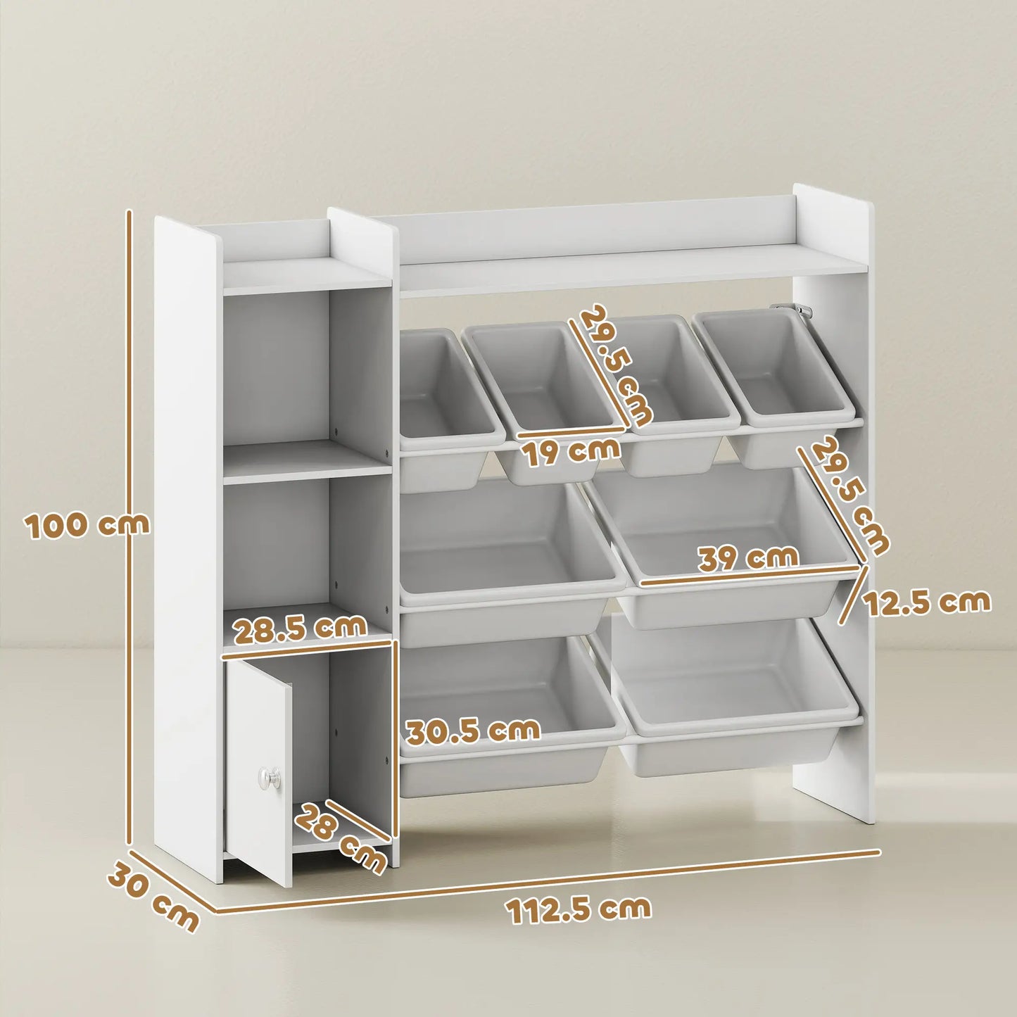 AIYAPLAY Toy Storage Unit with 8 Removable Bins, Storage Shelves, Cabinet, White