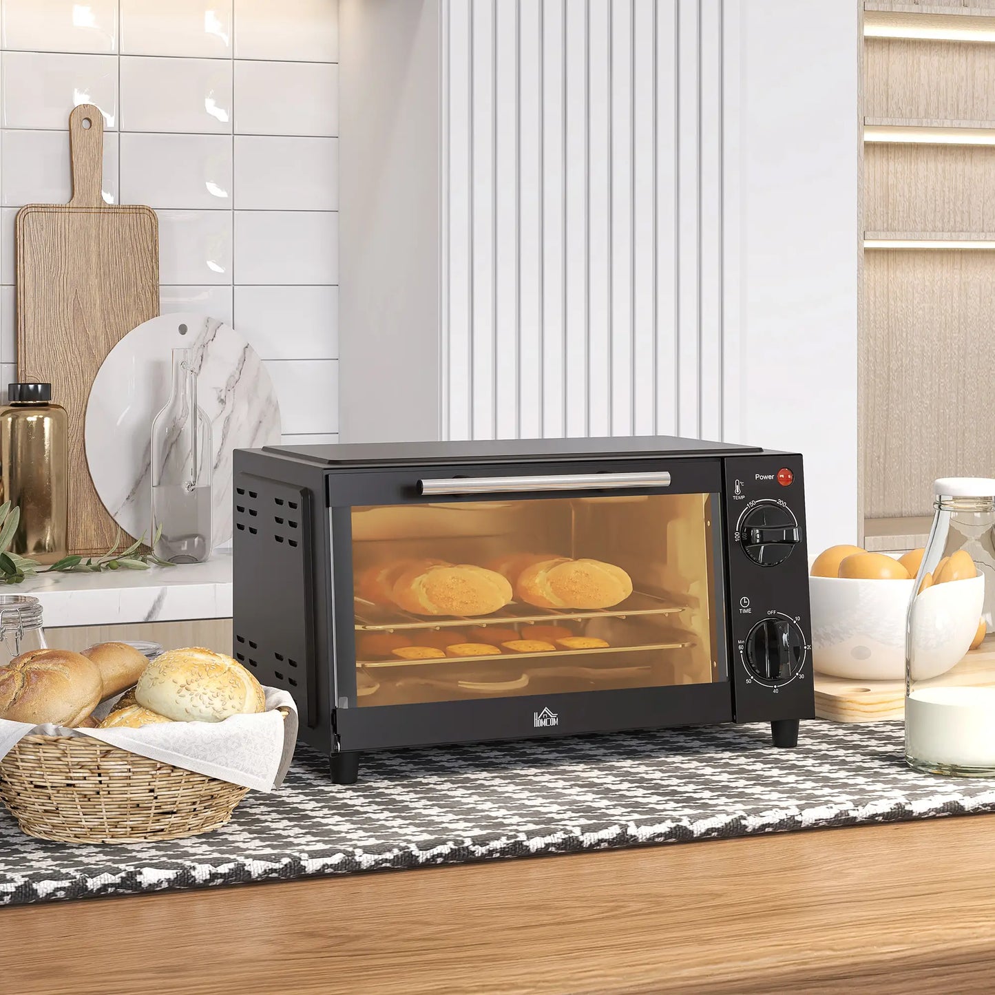 HOMCOM Mini Oven, 9L Countertop Electric Grill, Toaster Oven with Adjustable Temperature, Timer, Baking Tray, 750W