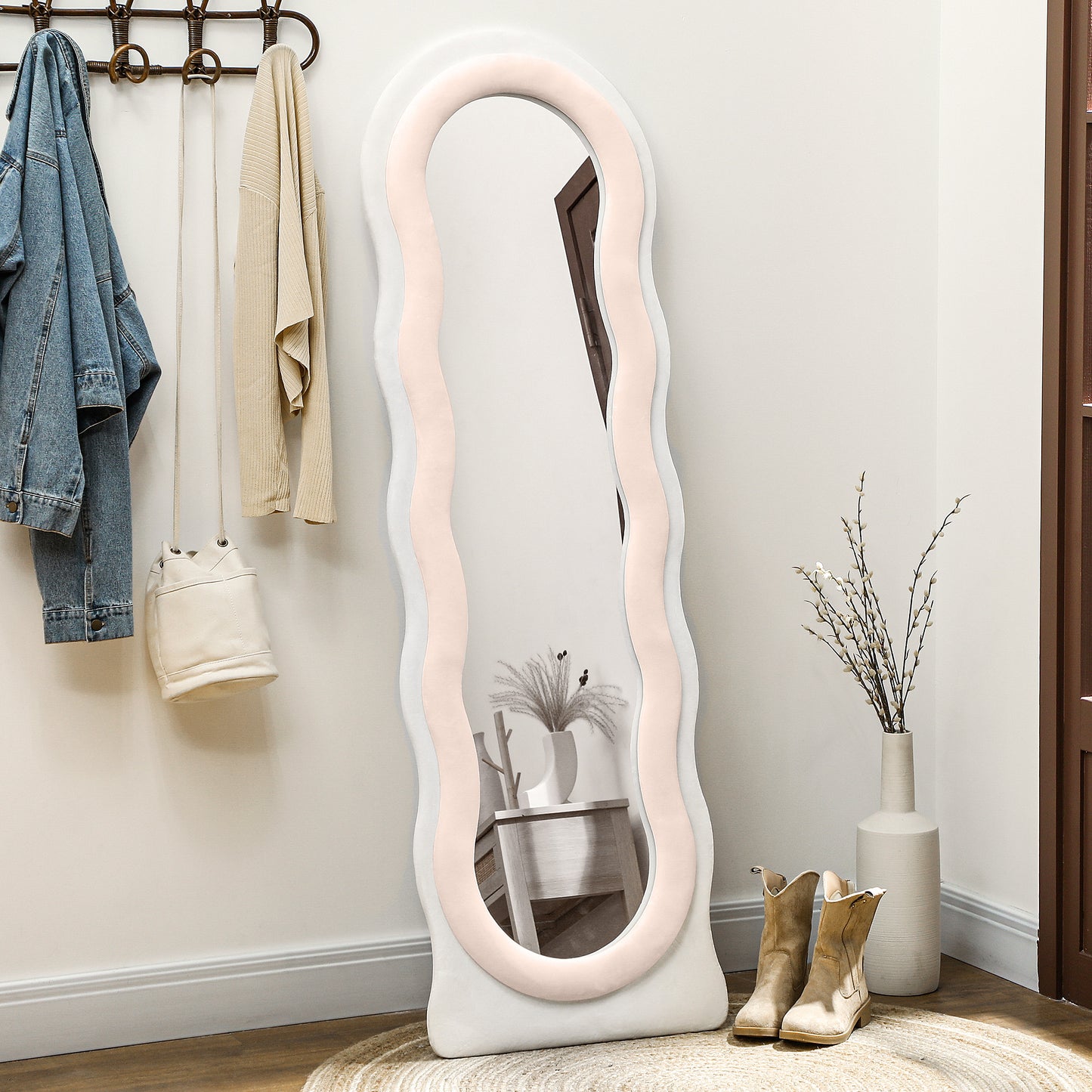 HOMCOM Wavy Velvet-Feel Modern Full Length Mirror, Engineered Wood - Pink